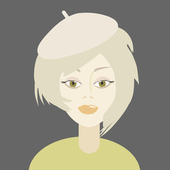 Portrait of yong stylish blonde girl in beret. Vector illustration.
