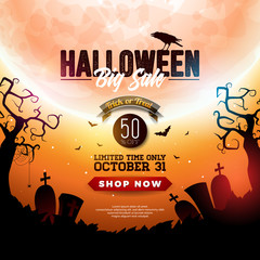 Halloween Sale banner illustration with moon, crow and flying bats on orange night sky background. Vector Holiday design template with cemetery and typography lettering for offer, coupon, celebration