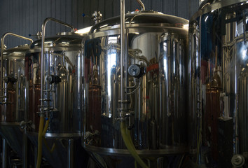 Stainless tanks for fermentation in a beer brewery.