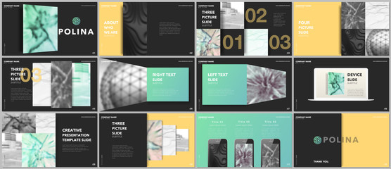 Minimal presentations design, portfolio vector templates with elements on black background. Multipurpose template for presentation slide, flyer leaflet, brochure cover, report, marketing, advertising.