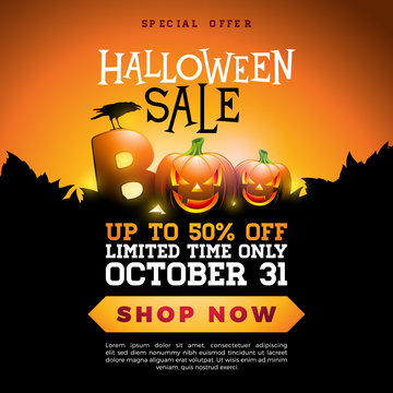 Boo, Halloween Sale banner illustration with scary faced pumpkin and crow on orange background. Vector Holiday design template with typography lettering for offer, coupon, celebration banner, voucher