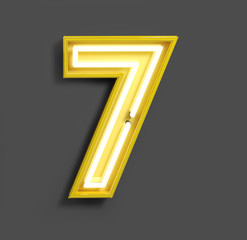 Bright Neon Font with fluorescent yellow tubes. number 7 . Night Show Alphabet. 3d Rendering Isolated on Gray Background
