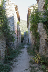 Fototapeta na wymiar The empty ruins of the houses in the abandoned streets of Janovas, a ruined village in the Aragonese Pyrenees abandoned during the sixties due to the building of a dam