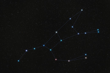 Obraz premium Konstelacja Wielkiej Niedźwiedzicy, gwiazdy połączone liniami na tle czarnego nocnego nieba