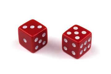 Two red dice closeup, isolated on white background, three and five