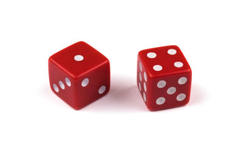 Two red dice closeup, isolated on white background, one and four