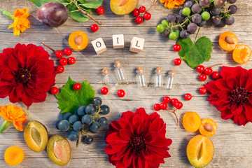 Autumn background of flowers dahlias and fruits. Boxes with jewelry of a famous brand popular all over the world. Silver and gold bracelets with charms. Flat lay.