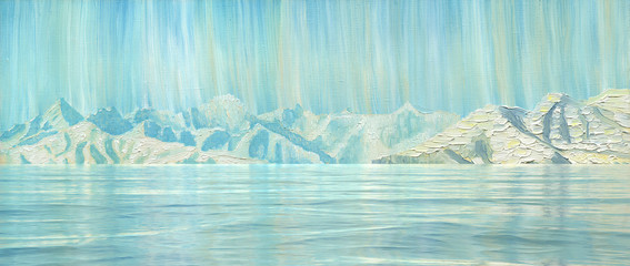 Conceptual artwork. Panorama of mountains under a fairy sky reflected in the lake. Oil painting and digital technologies.