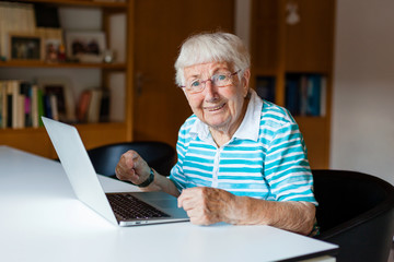 Very old senior woman using a computer