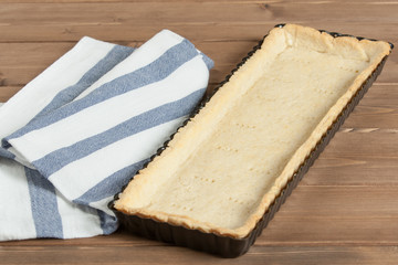 Cooking Process Of Homebaked Tart. Baked Dough In Baking Tray.