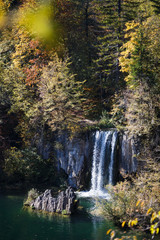 Fototapeta na wymiar Dreamlike Waterfall in an Autumn Forest Plitvice Lakes National Park Croatia