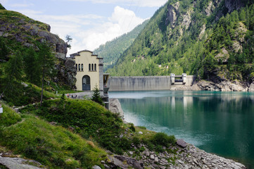 Fototapeta premium Dam on Campliccioli Lake in Valle Antrona, Piedmont, Italy