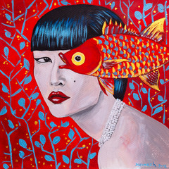 dipinto rosso bella donna con pesce