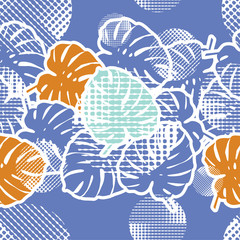 Seamless background with decorative leaves. Tropical palm leaves. Tropical jungle. Points. Can be used for wallpaper, textile, invitation card, wrapping, web page background.