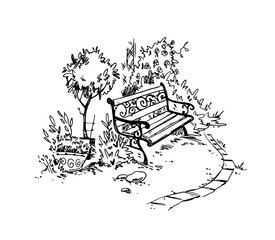 Cozy garden corner. Bench. Vetor sketch