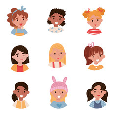 Lovely girls set, avatars of cute little kids with different emotions and hairstyles vector Illustrations on a white background