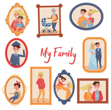 Family portraits set, photo of family members in wooden frames vector Illustrations on a white background