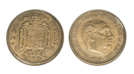 Moneda de 2,50 pesetas de Francisco Franco. Año 1953. - obrazy, fototapety, plakaty