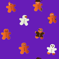 Vector Halloween pattern illustration of 8 cartoon cookies in party costume of pumpkin, ghost, witch with a hat and broom, mummy, bitten gingerbread man 