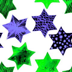 Obraz premium Seamless Watercolor Stars Pattern. Magic Festive Background. Hand Drawn Doodle Stars. Baby Design. Abstract Rapport for Wallpaper, Textile, Linen, Wrapping, Posters, Cards, Banner. New Year, Birthday 