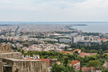 Fototapeta na wymiar Thessaloniki, Greece - August 16, 2018: Thessaloniki, view of the port and downtown, Greece. Panoramic view of Thessaloniki, Greece.