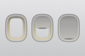 Set of airplane windows with open and closed shade, vector illustration