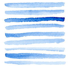 Vector watercolor blue stripes. Lines made with wet inked brush on white background. - 223710652