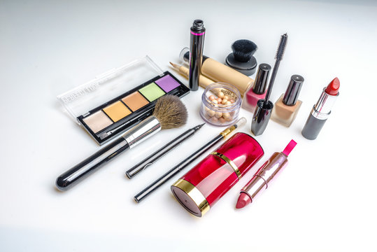 Set of decorative cosmetics, makeup tools and accessory on white background. Professional beauty, fashion and shopping concept. 