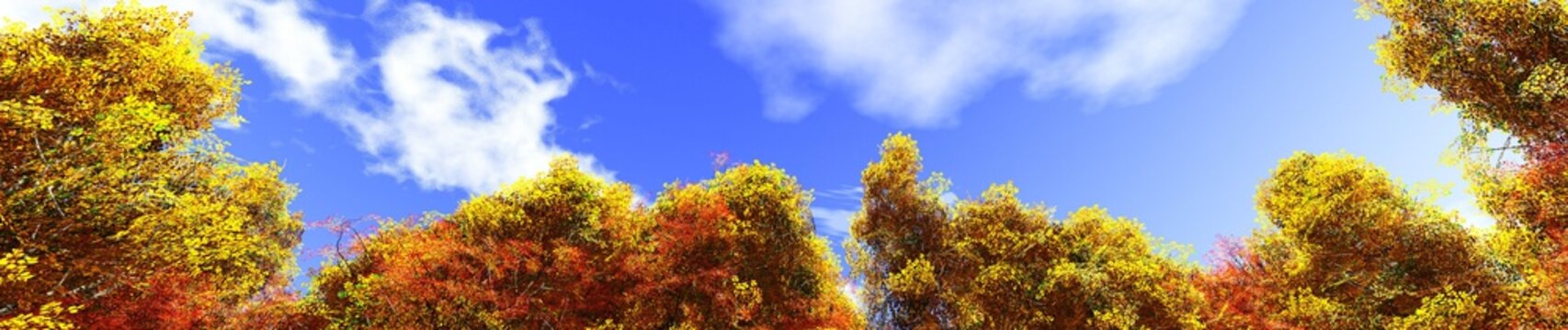 Autumn trees against a blue sky with clouds. © ustas