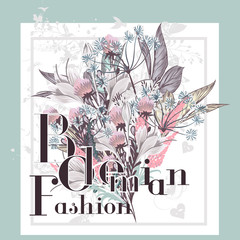 Beautiful print with flowers ideal for T-shirts or greeting save the date cards. Bohemian fashion