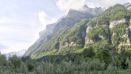 The entrance, in a foggy dawn, of the Ordesa Valley national park (Ordesa y Monte Perdido), a rural preserve with rocky mountains and massifs, together with a fir and pine forest, in Aragon, Spain