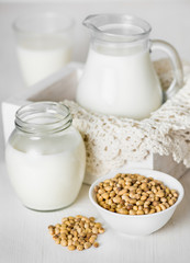 Soy milk in a glass and jar