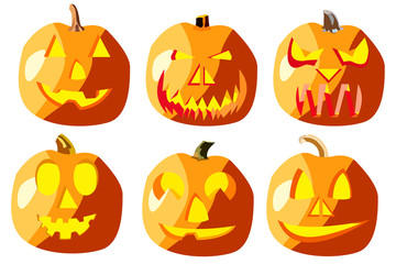 Set of six pumpkins for Halloween, objects isolated on white background