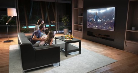 A family is watching a soccer moment on the TV and celebrating a goal, sitting on the couch in the living room. The living room is made in 3D. - Powered by Adobe