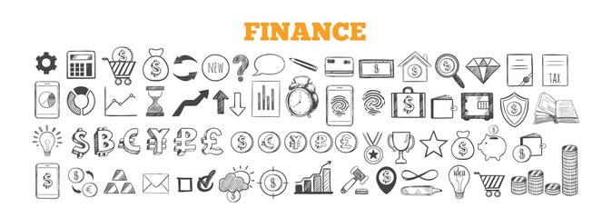Business and Finance vector icons. Hand drawn isolated elements