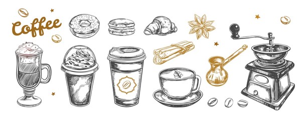 Coffee and Coffee to go set. Vector hand drawn