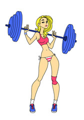 Obraz premium Fitness girl with barbell, vector, cartoon, clipart, character
