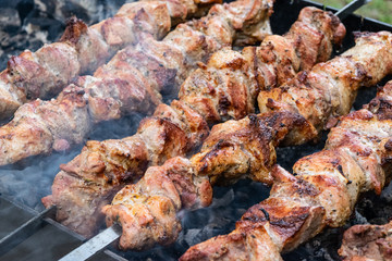 Frying pork on a skewer over a brazier. Turning meat over coals. Appetizing shish kebab. Delicious...