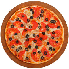 pizza on a wooden tray on a white background