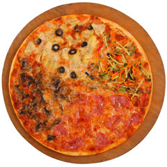 pizza on a wooden tray on a white background