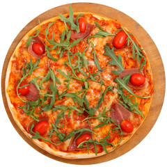 pizza on a wooden tray on a white background