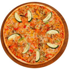 pizza on a wooden tray on a white background