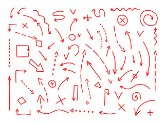 Arrows drawing set. Painted by hand. Red lines in pencil sketch draft