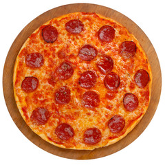 pizza on a wooden tray on a white background
