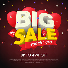 Sale banner template design. Big sale special offer. Seasonal discounts. 3d letters and red balloons on a dark background. Sale poster for the site and promo ads. Fashionable vector Illustration