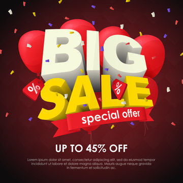 Sale banner template design. Big sale special offer. Seasonal discounts. 3d letters and red balloons on a dark background. Sale poster for the site and promo ads. Fashionable vector Illustration