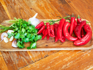 various ingredient for Ajika on wooden board