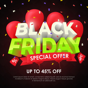 Black friday 2018. Sale banner template design. Beautiful discount and promotion banner. Special offer, up to 45% off. 3d inscription and red balloons on a dark background. Fashionable Vector image