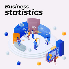 Statistics and business statement. Promoting business on the Internet. Seo optimization. People work in a team and achieve the goal. Consulting for company performance, analysis concept. Vector image