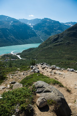 view of scenic Besseggen ridge over Gjende lake in Jotunheimen National Park, Norway